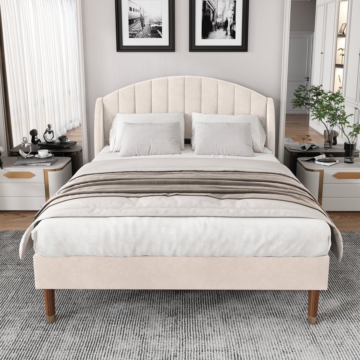 Gestoffeerd Bed 140x190 cm - Velvet Tweepersoonsbed Met Hoofdbord En Lattenbodem Beige