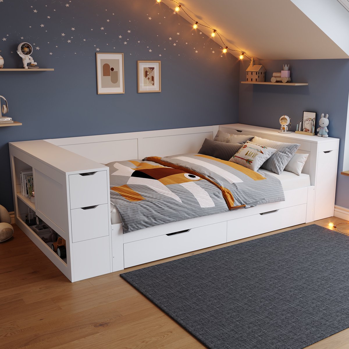 Kinderbed 140x200 cm - Houten Bed Met Opbergruimte Laden Kast En Nachtkastje Wit
