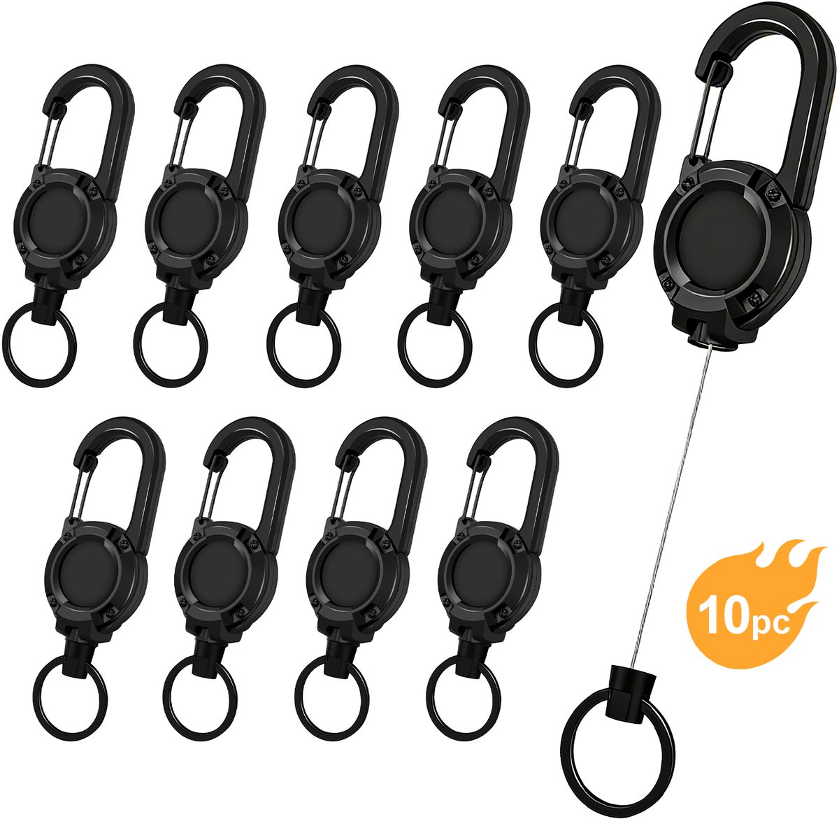 Uittrekbare Sleutelhanger - Tactische Retractor Clip - Anti Verlies Kabelclip - Multifunctionele Keycord - Outdoor Camping Accessoire - Sleutelclip met Staalkabel - Zwart 10 Stuks