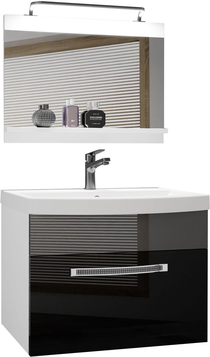 BELINI Badkamermeubel Set GLA P 1 - Badmeubelset 60 cm Zwart/Zilver Hoogglans met Wastafel, Spiegel en LED Lamp - Wandmontage