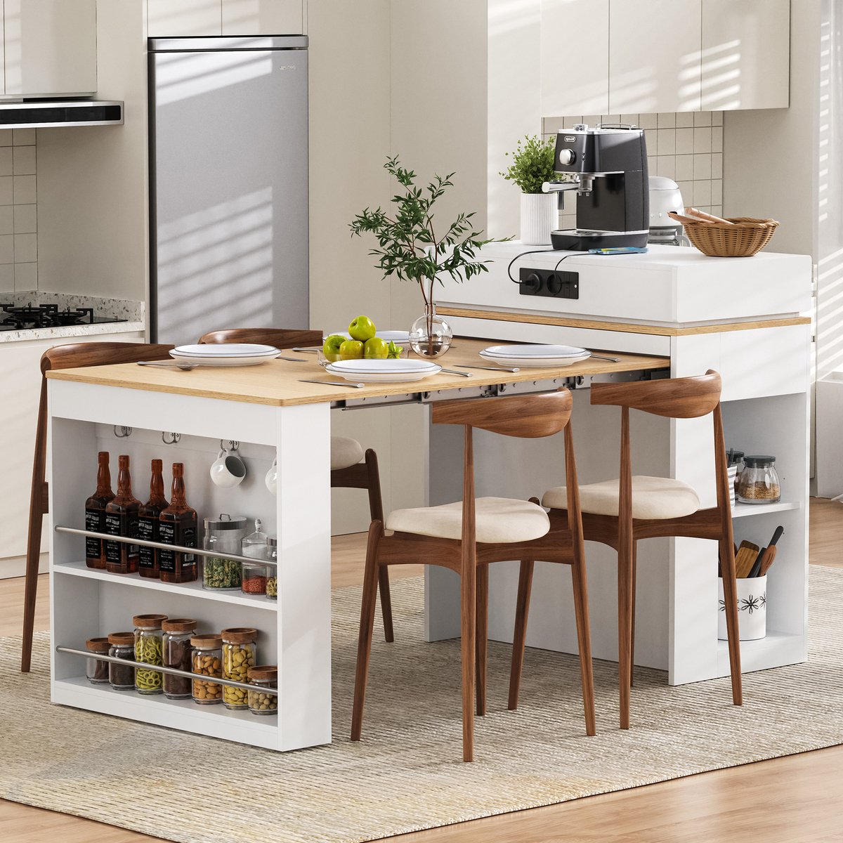 KOMHTOM - Keukeneiland en Keukentafel - Uitschuifbare Eettafel met Opvouwbaar Blad - Bartafel met Stekkerdozen en Haken - Te gebruiken als Keukeneiland, Dressoir of Bartafel - Voor Keuken en Eetkamer (Wit)