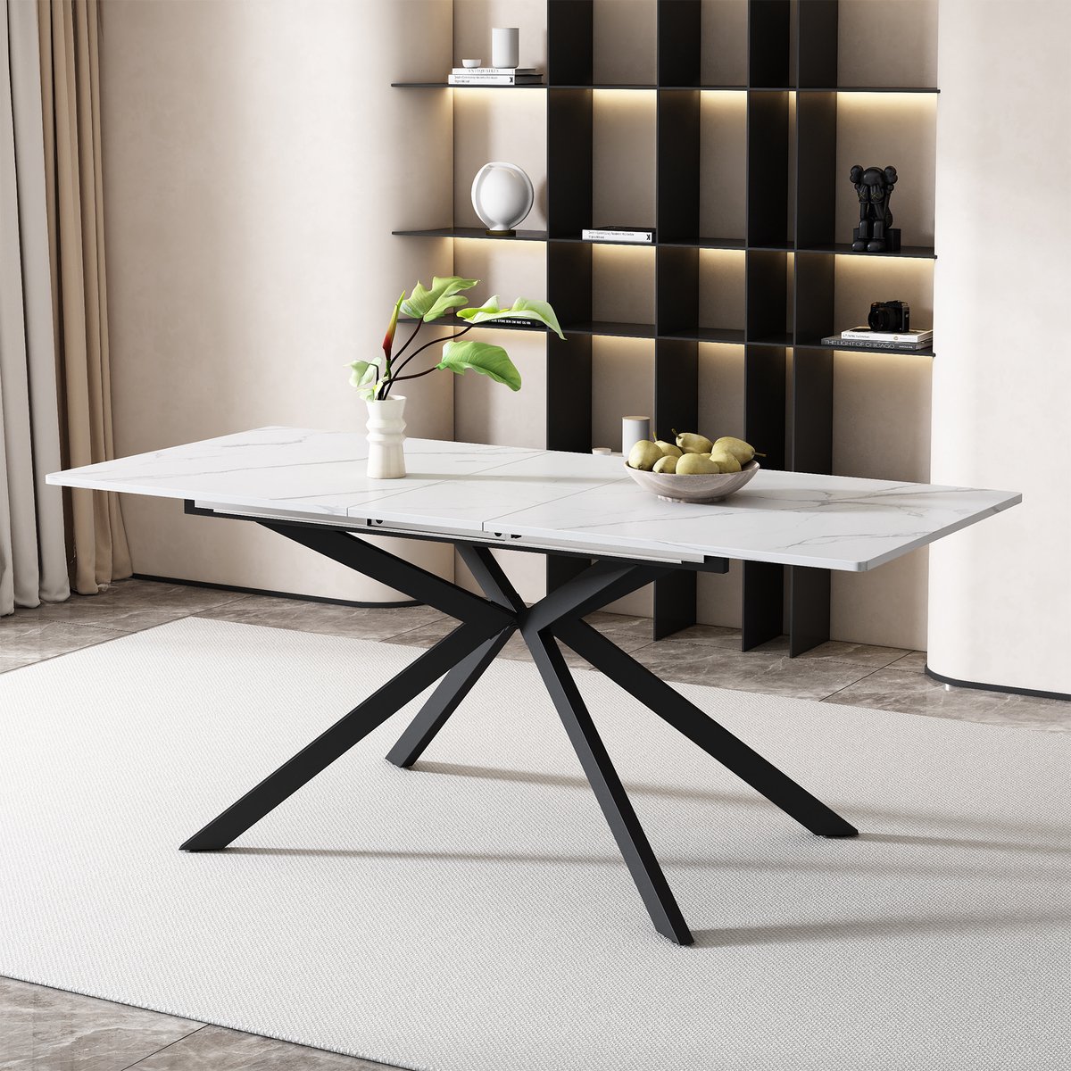 KOMHTOM - Automatisch Uitschuifbare Eettafel - Rechthoekige Koffie- en Recreatietafel - 150/180 x 70 x 76 cm - Kruispootontwerp - Marmerstructuur - Zwart en Wit