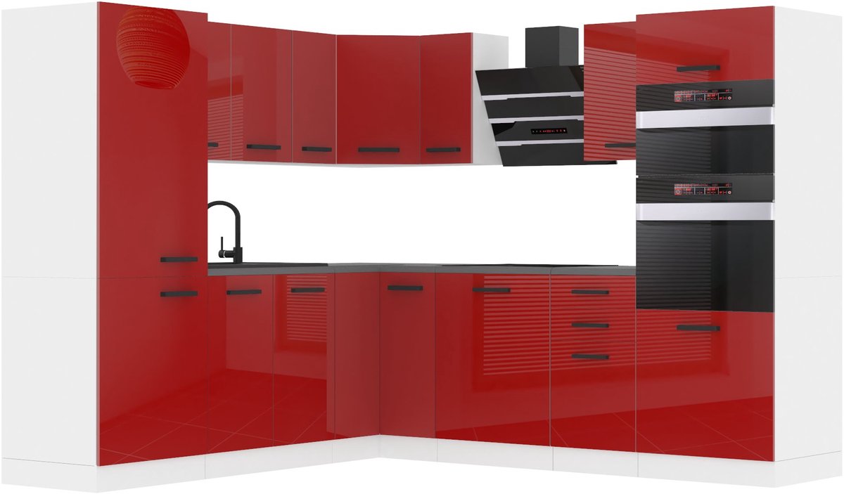 BELINI L-Vorm Keukenblok STACY - Keukenmeubel Set 420 cm Rood Hoogglans met Werkbladen - Boven- en Onderkasten