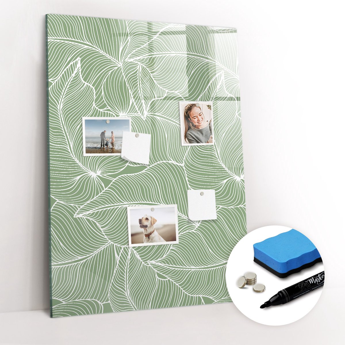 Tulup Whitebord - Patroon met grote bladeren - 70 x 100 cm - Groente Memobord Glas - Gratis 5 Sterke Magneten + Whiteboard Marker & Wisser - Wanddecoratie Kantoor - Memobord Magnetisch - Inspiratiebord Kantoor