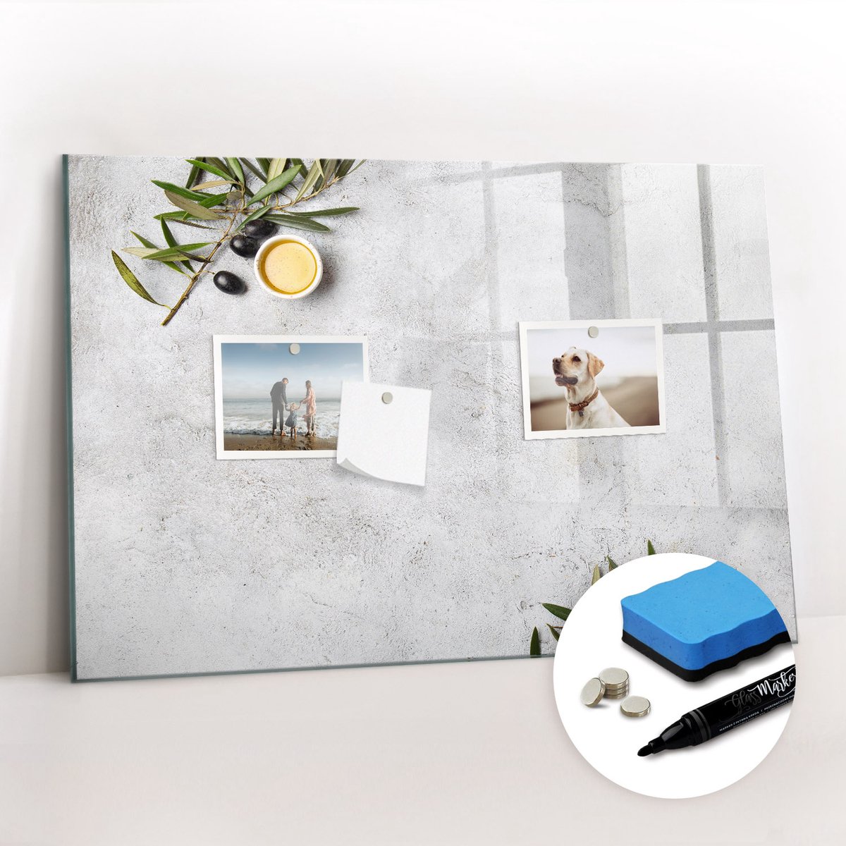 Tulup Whitebord - Minimalistische olijven - 60 x 40 cm - Grijs Magneetbord Design - Gratis 5 Sterke Magneten + Whiteboard Marker & Wisser - Interieur Accessoires Kantoor - Magnetic Board - Ideeënbord Thuiswerkplek