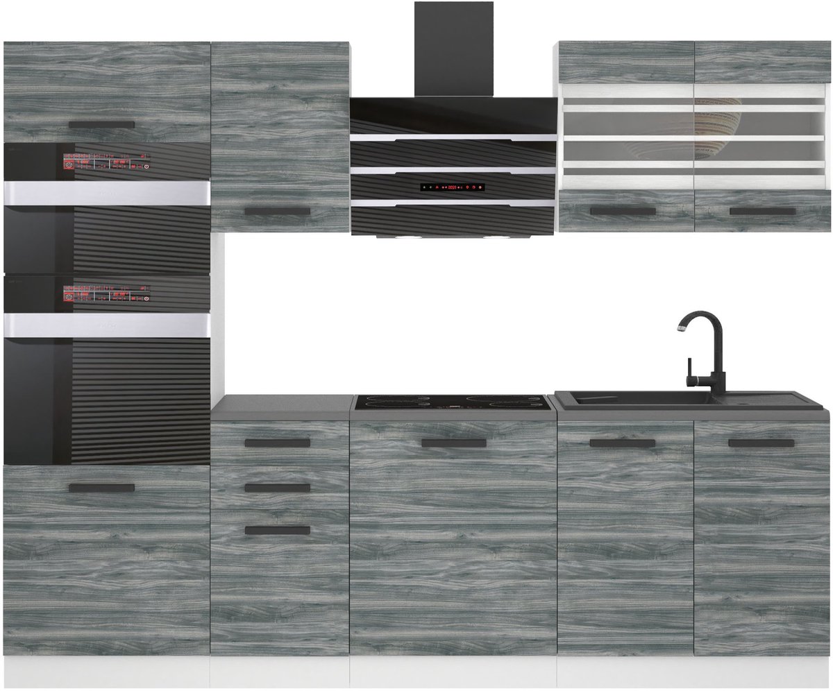 BELINI Keukenblok TRACY - Keukenmeubel Set 240 cm Glamour Wood met Werkbladen - Boven- en Onderkasten