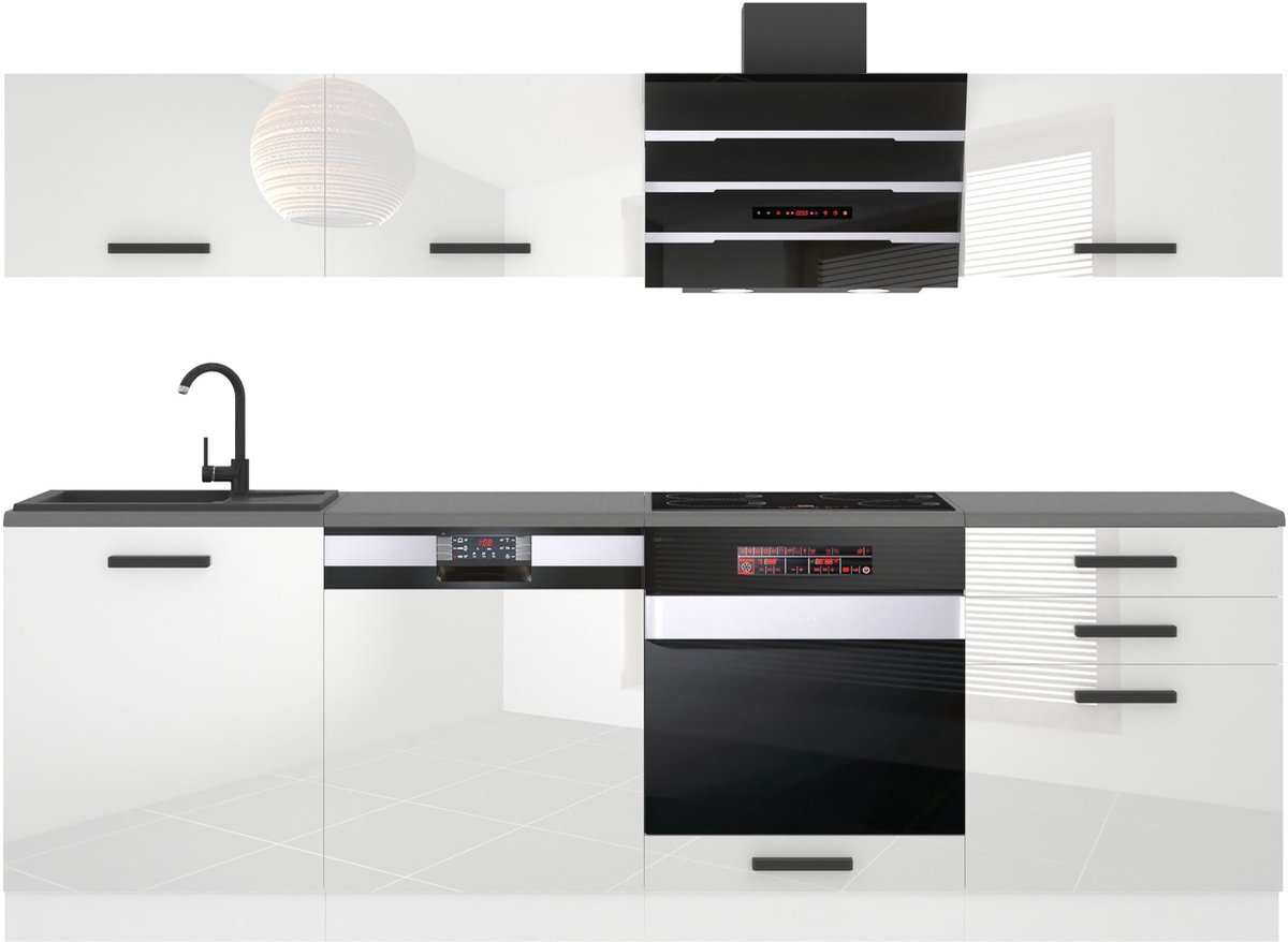 BELINI Keukenblok LINDA - Keukenmeubel Set 240 cm Wit Hoogglans zonder Werkbladen - Boven- en Onderkasten