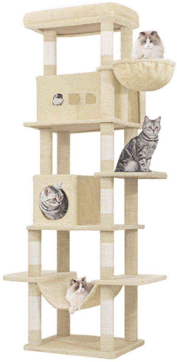 Hzuaneri Krabpaal groot, 210 cm, kattentoren voor Maine-kat, grote kat, meerlaagse krabpaal met grote zitstang, wasbare mat, kattenhuismeubel met 2 holletjes, 8 krabbomen, Beige