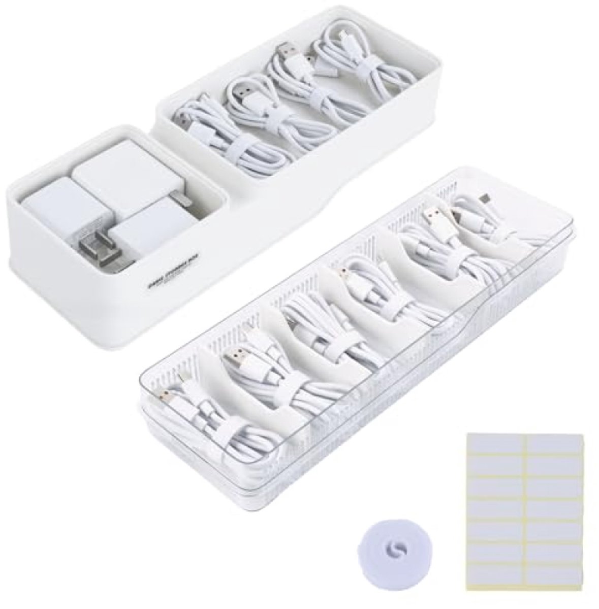 Huis Geluk Kabelorganizer Wit – Dubbele Stok, 5 Uitneembare Scheidingswanden, Opbergdoos voor Kabels en Opladers, Kunststof, voor Bureau en Kantoor
