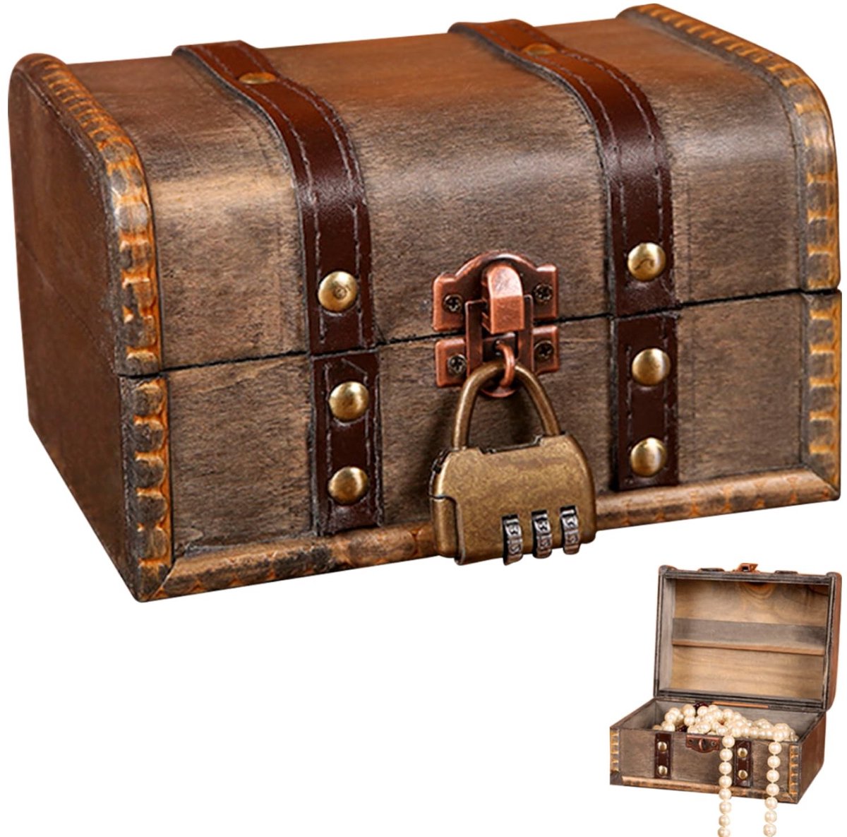 Omgoods- Schatkist Retro - Houten Piratenkist - Schatkist met Cijferslot - Vintage Opbergdoos - 16 x 12 x 9,5 cm - Handgemaakt en Afsluitbaar