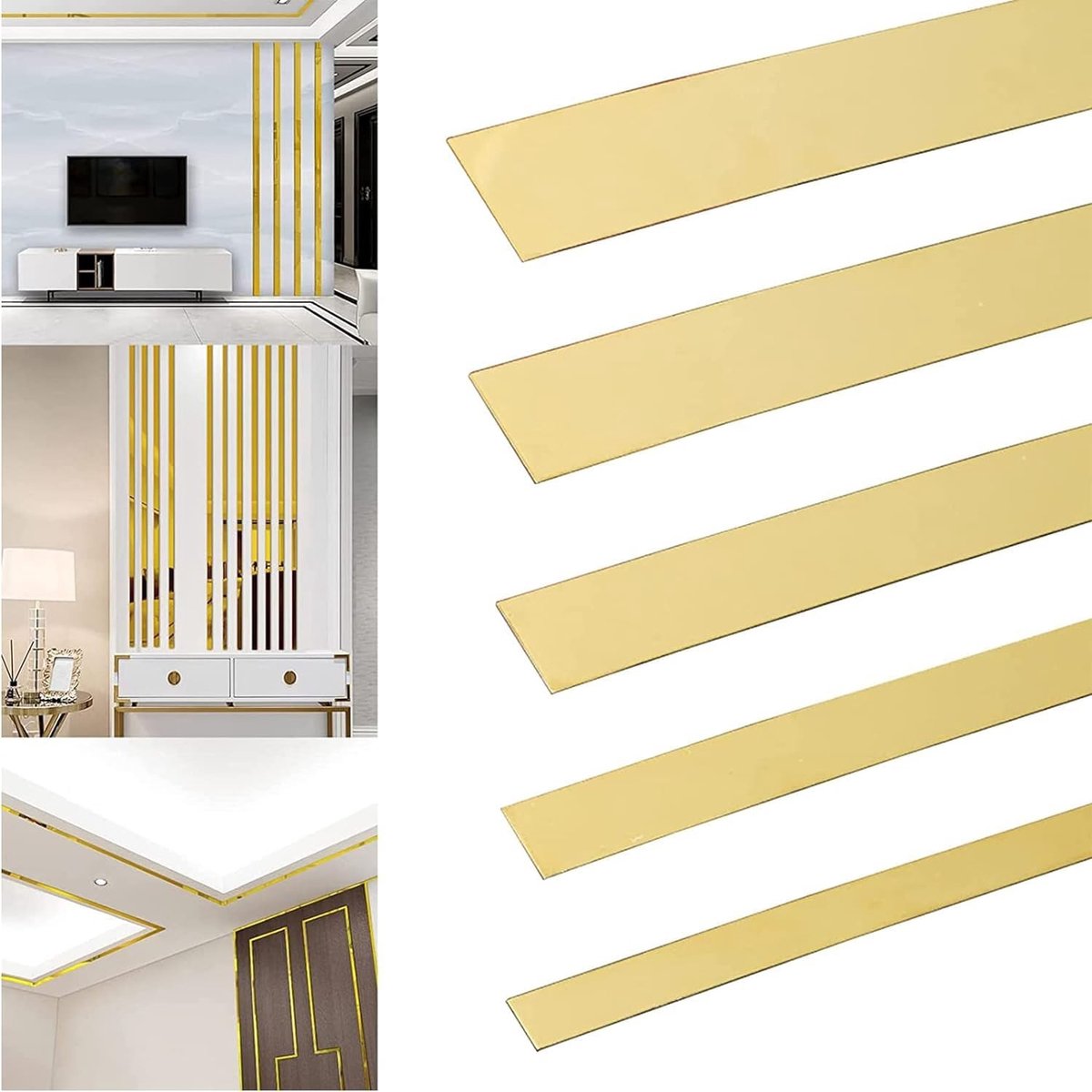 Omgoods - 5 m Zelfklevende Decoratieve Strip met Spiegelaffect (Goud, 5 cm)