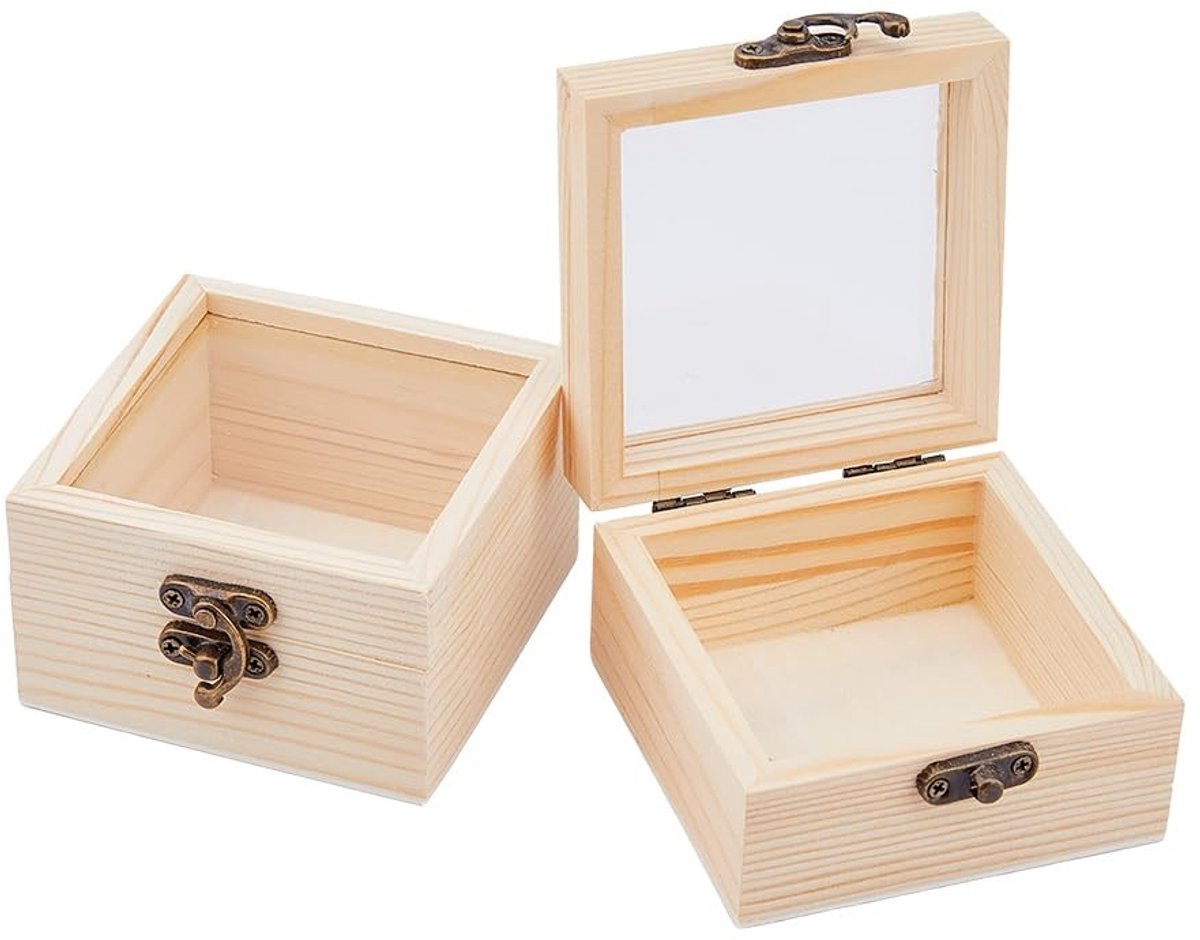 Omgoods- Houten Doos met Glazen Deksel - 2 Stuks - Houten Geschenkdoos - Sieraden Opslag - Woondecoratie - PapayaWhip Kleur - Sieradenbox