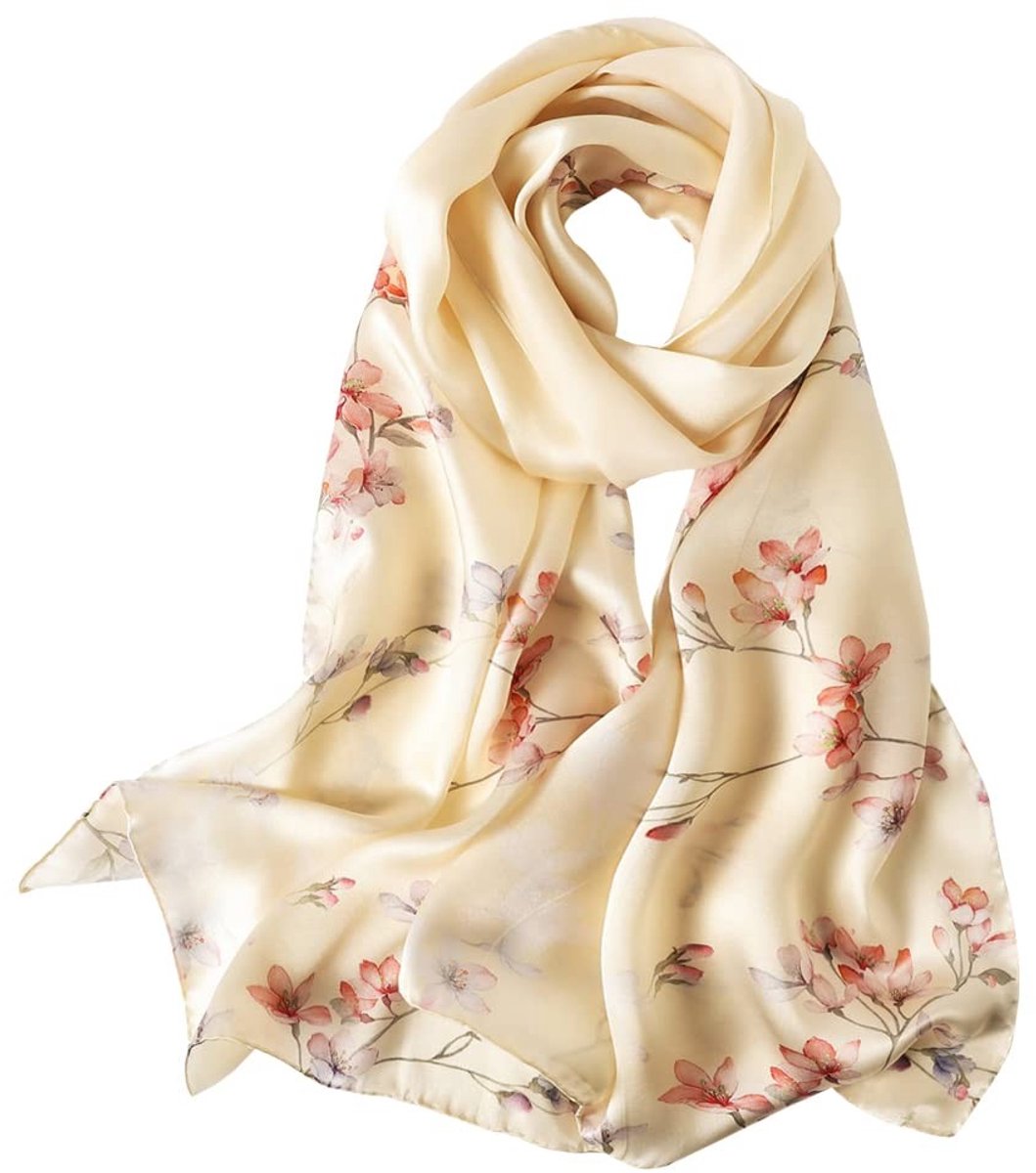 Omgoods - Multifunctionele Sjaal van 100% Natuurlijke Zijde met Bloemen 04 Geel/Rood
