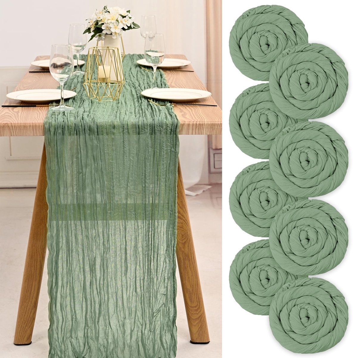 Omgoods - 8-Pack Sage Green Cheesecloth Tafelrunner - 300 cm - Voor Bruiloften en Feesten