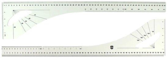 Twee witte transparante tekendriehoeken, elk 60 cm, met gradenboog en millimeter- en centimeterschalen.