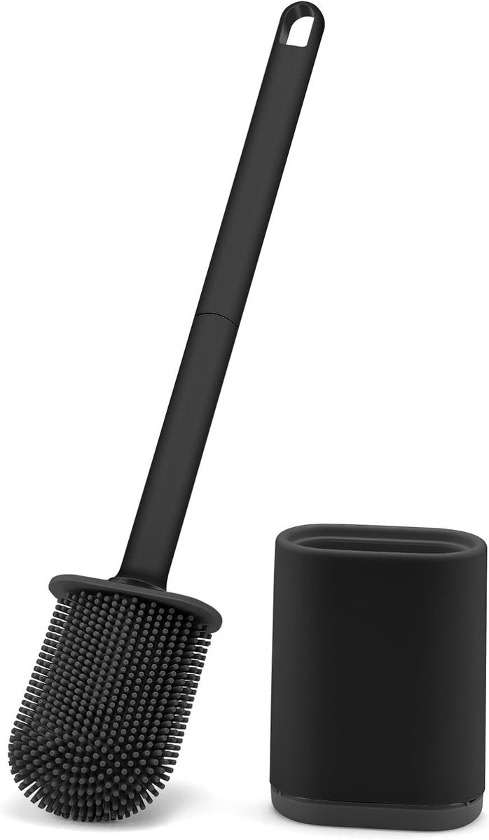 Omgoods - Silicone Toiletborstel met Lang Handvat en Sneldrogende Houder - Zwart