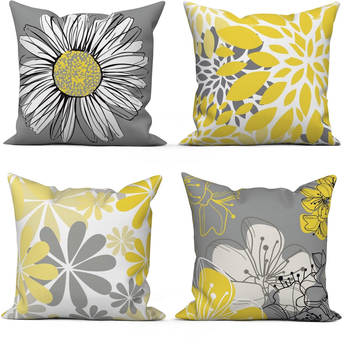Omgoods - Set van 4 Gele Bloemen Kussenhoezen 45 x 45 cm