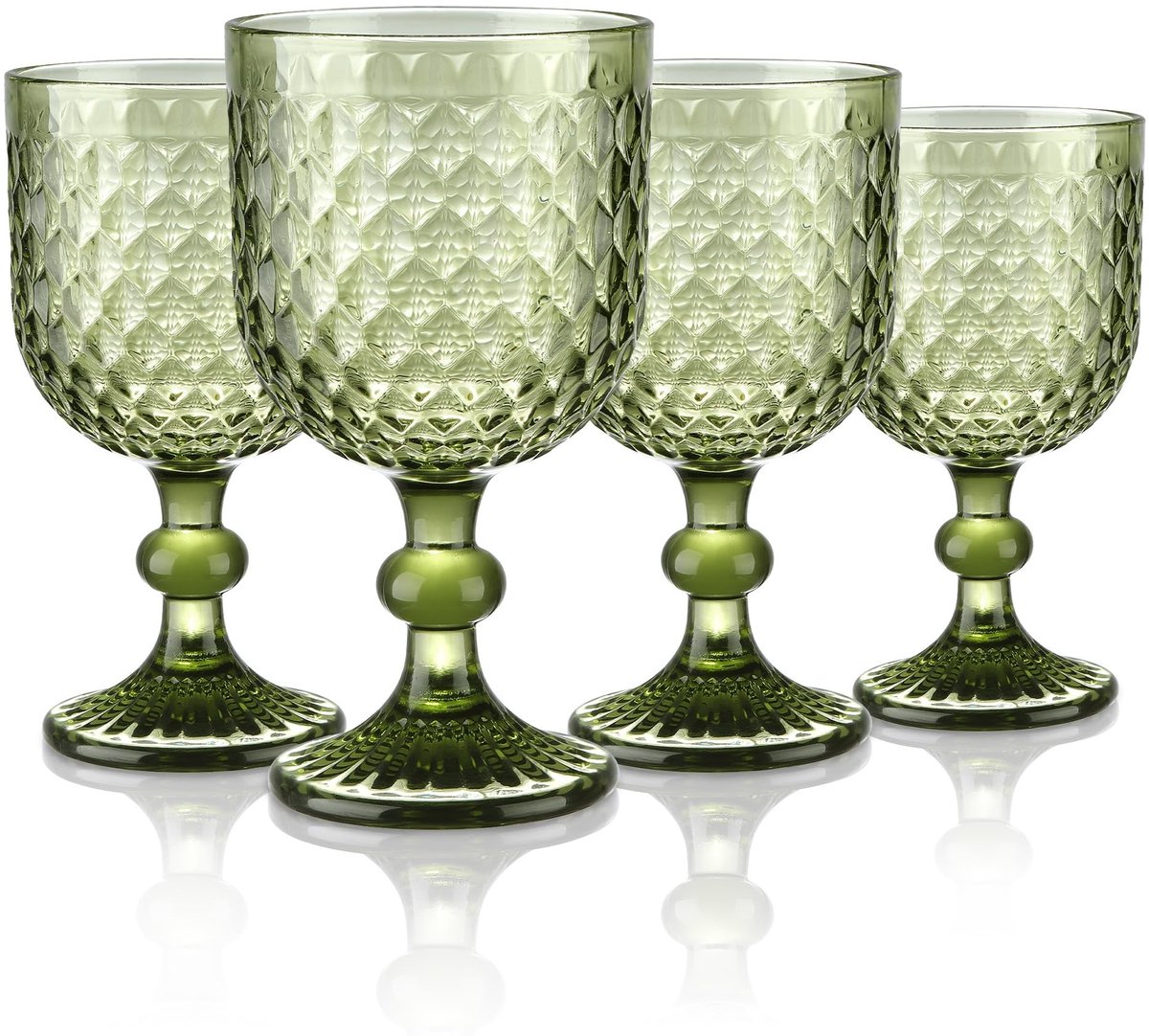 Omgoods - Set van 4 Groene Vintage Wijnglazen met Embossed Design