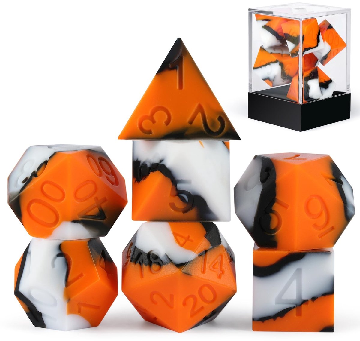 Omgoods - 7-Piece Silicone D&D Dobbelset met Display Case voor Rollenspellen