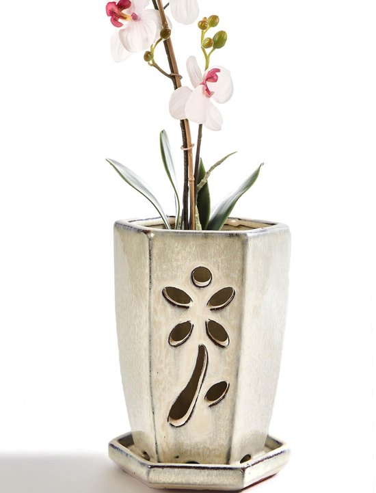 Omgoods - Hexagon Keramische Orchidee Pot met Schotel 10x15 cm
