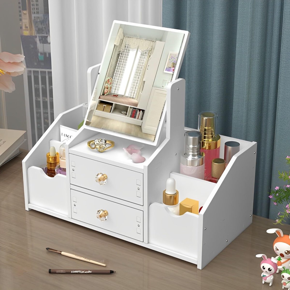 Omgoods- Kaptafel met Spiegel - Organizer voor Make-up/Sieraden - Lade - Slaapkamer - Verstelbare Hoogte - Modern Design - Make-up Tafel