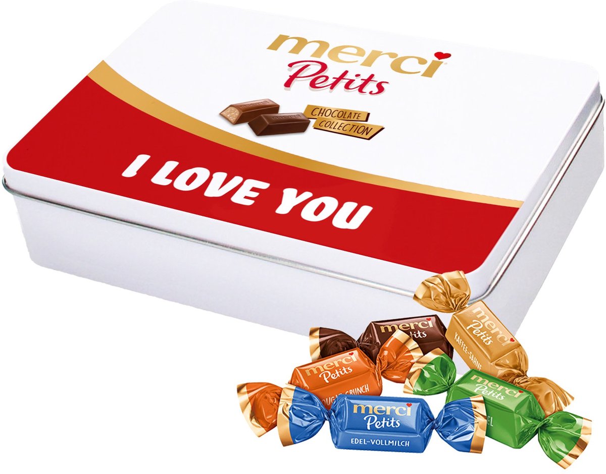 merci Petits "I love you" 250g - Liefde - Tinnen blik met mix van individueel verpakte mini chocolaatjes - Chocolade cadeau - Chocolade mix in tinbox