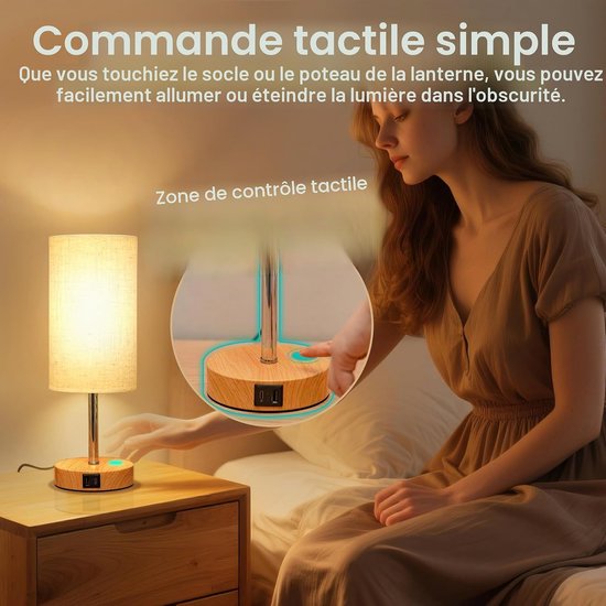 Nachtlampje/tafellamp/aanraakbediening/USB-A/C-oplaadpoort/3 helderheidsniveaus/netsnoer meegeleverd/geschikt voor slaapkamers en woonkamers (met lamp). — afbeelding 3