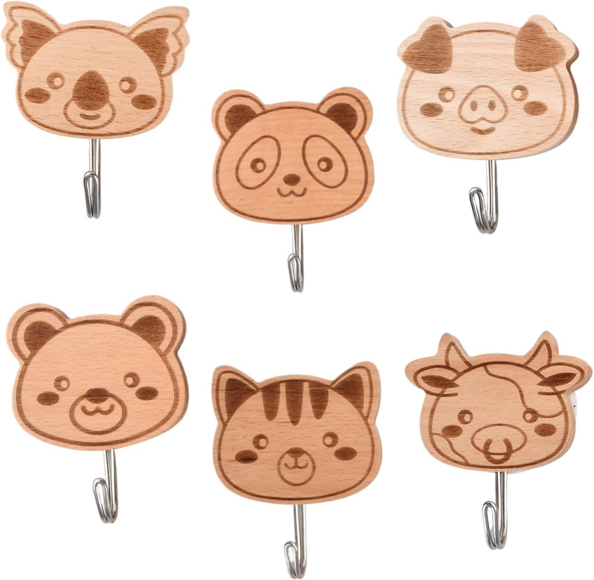 Kledinghaken 6 Stuks - Houten Dieren Wandhaken - Schattige Decoratie - Ideaal voor Kinderkamer - ShopVlot