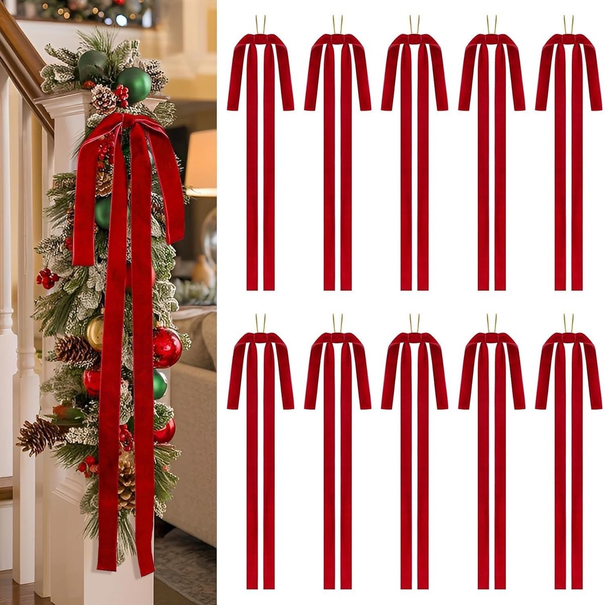 Kerststrikken 10pcs Rood Fluweel - Grote 16"x24" Kerstboomstrikken - Elegante Decoratie voor Deur en Raam - SnelShoppen
