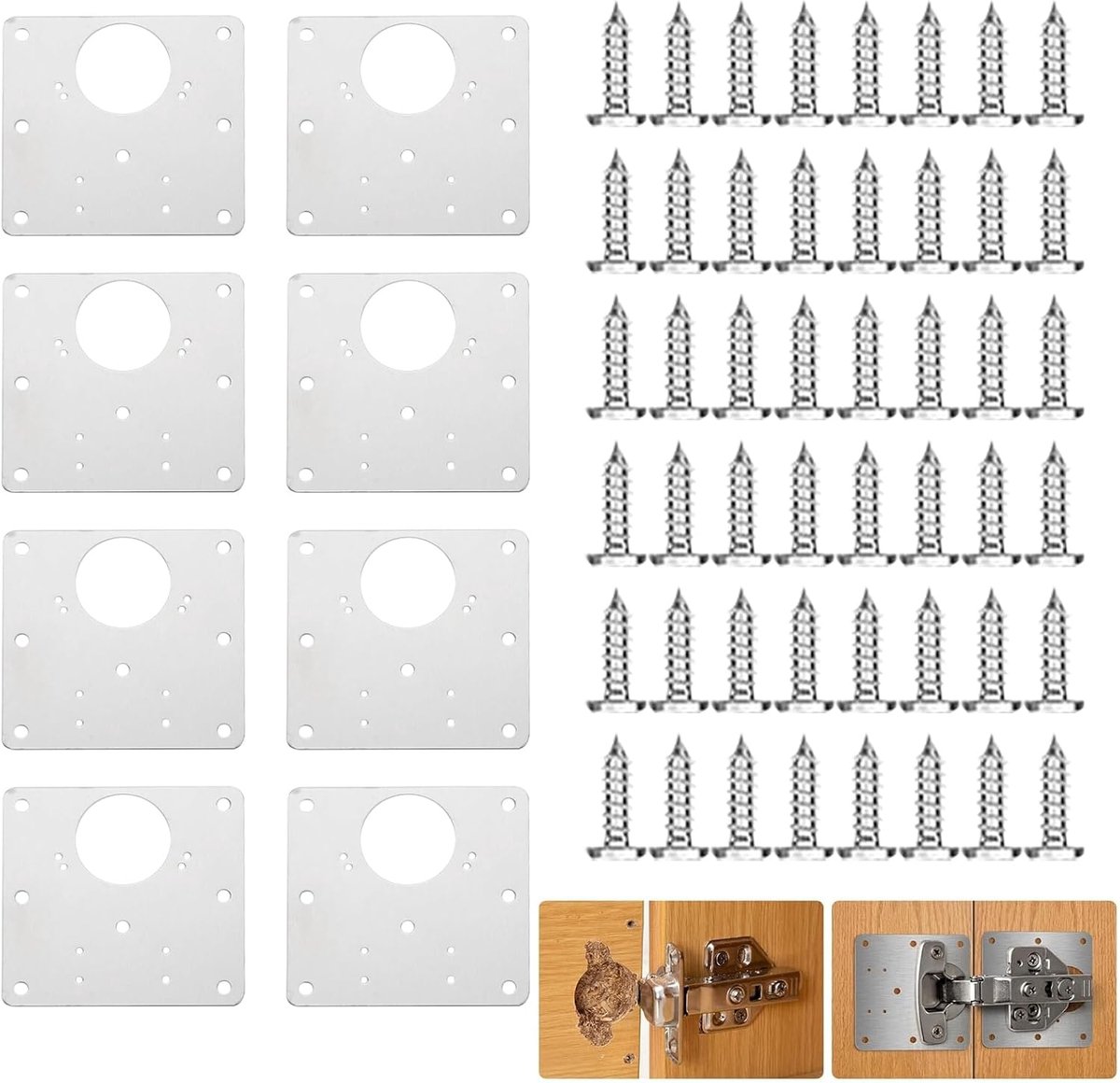 SnelShoppen - 8 Stuks Hinge Repair Plate met 48 Schroeven - RVS Kast Scharnier Reparatie Kit 9x9cm voor Kasten, Meubels, Lades, Ramen