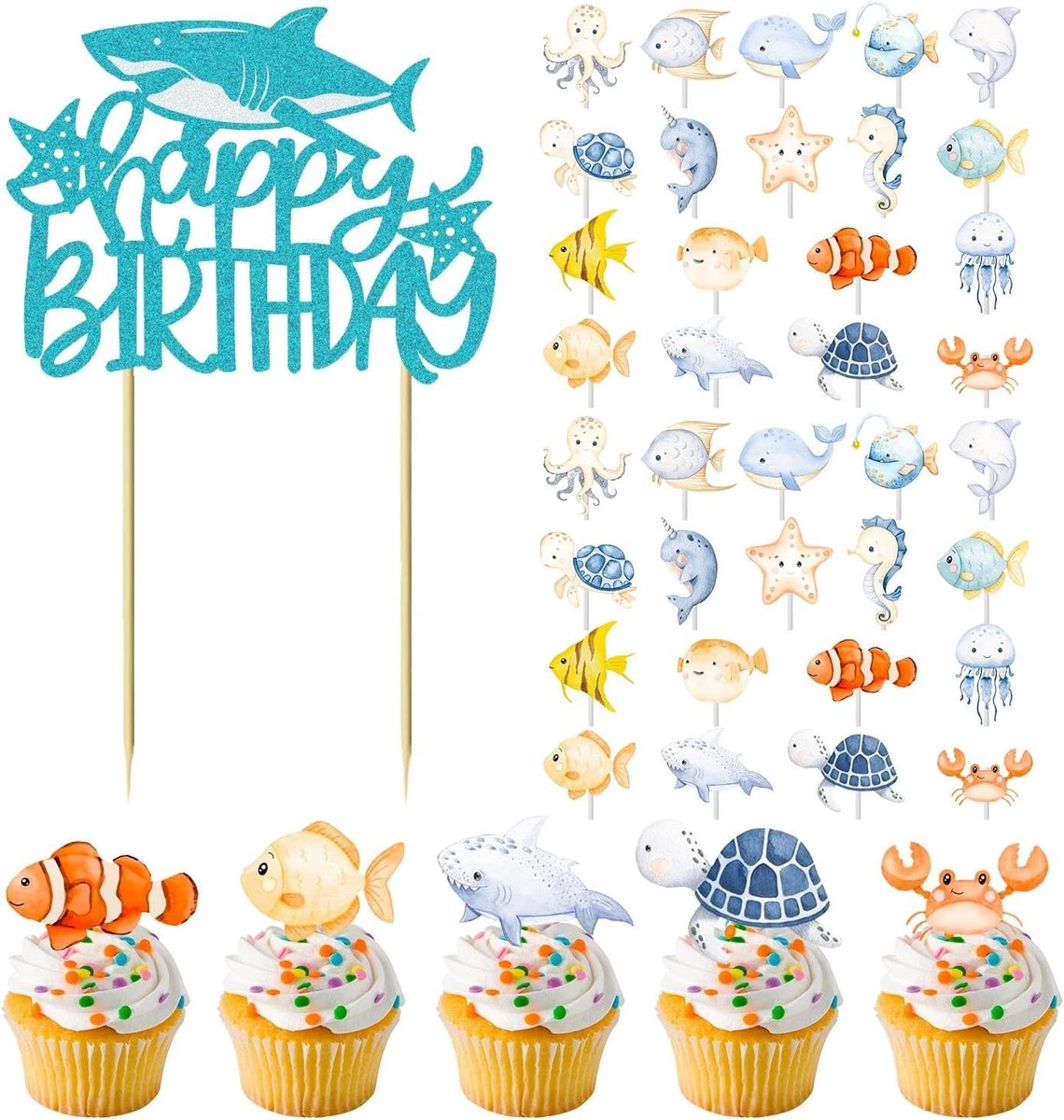 SnelShoppen - 36 kaartinvoegen voor zee dieren en 1 verjaardagskaart, taartdecoraties voor kinderen, creatief en leuk voor feestjes