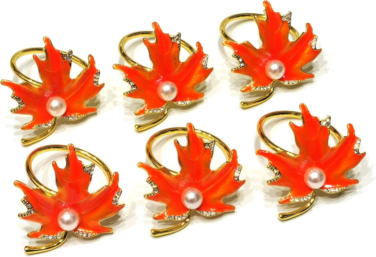 SnelShoppen - Set van 6 Maple Leaf Servetringen - Oranje Servetringen met Faux Parels voor Herfst, Thanksgiving en Feestelijke Tafeldecoraties