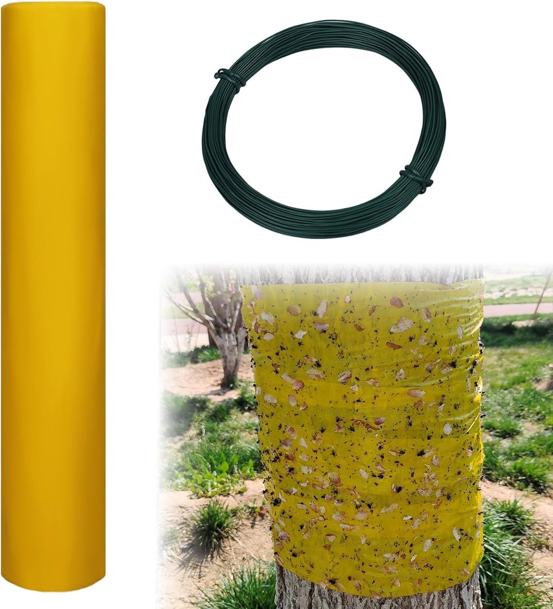 SnelShoppen - Lijmringen voor fruitbomen 5m x 25cm met 30m binddraad – Zelfklevende gele tape tegen mieren, rupsen, bladluizen – Boomring bescherming