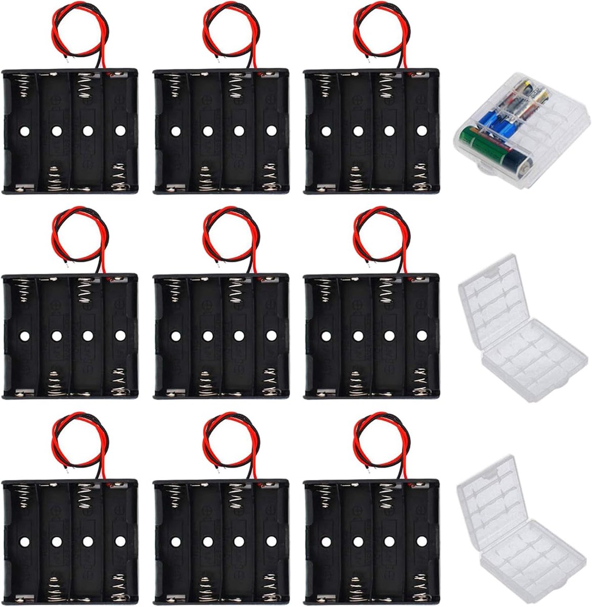 SnelShoppen - Pack van 9 AA Batterijhouders, Plastic Opslagdoos, Batterijhouder voor 4 x 1,5 V AA Batterijhouder 6 V met Aansluitkabel (4 Sleuven)