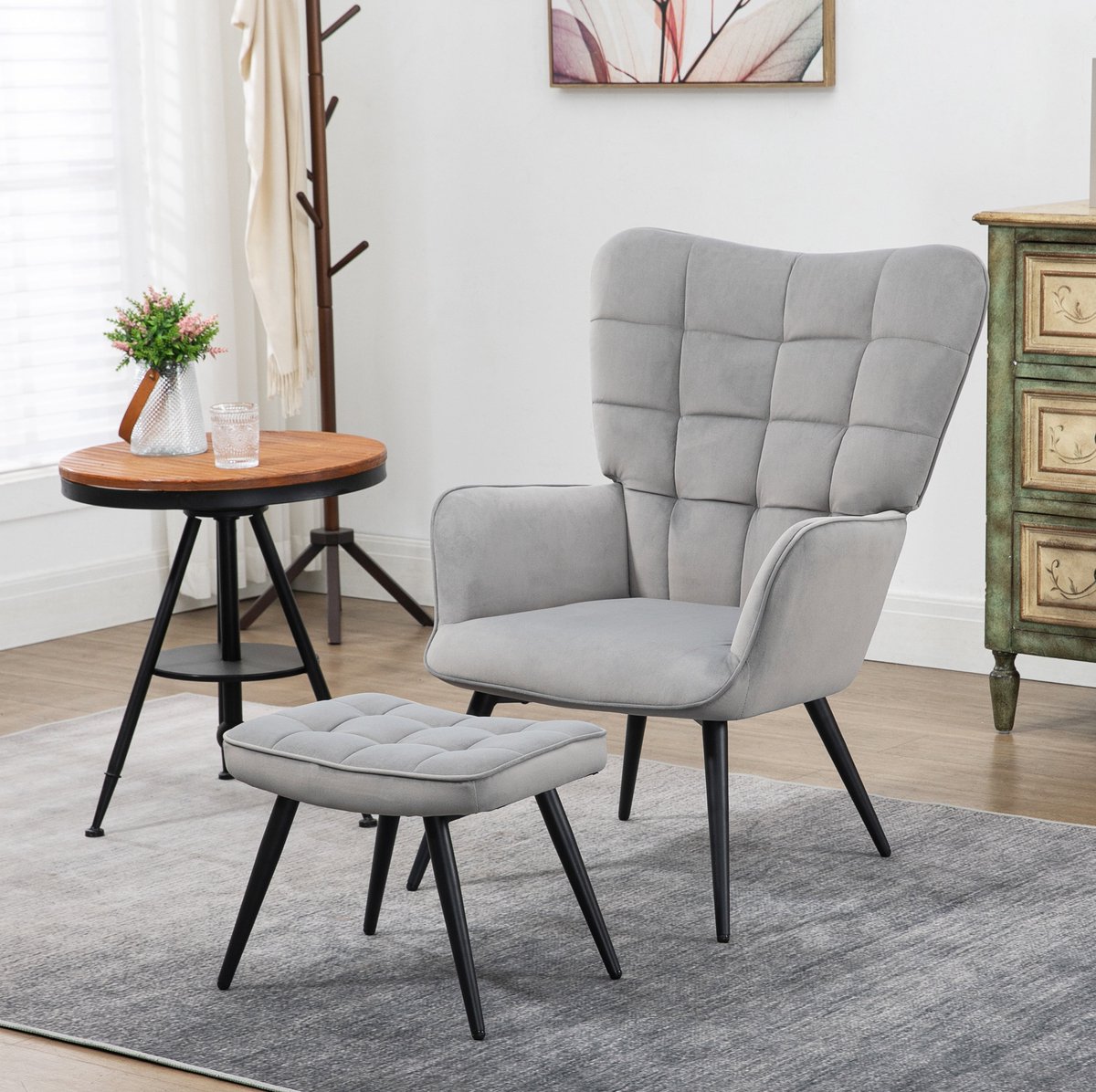 COVREO Fauteuil met hocker 73 x 77,5 x 98 cm lichtgrijs, velvet met armleuningen