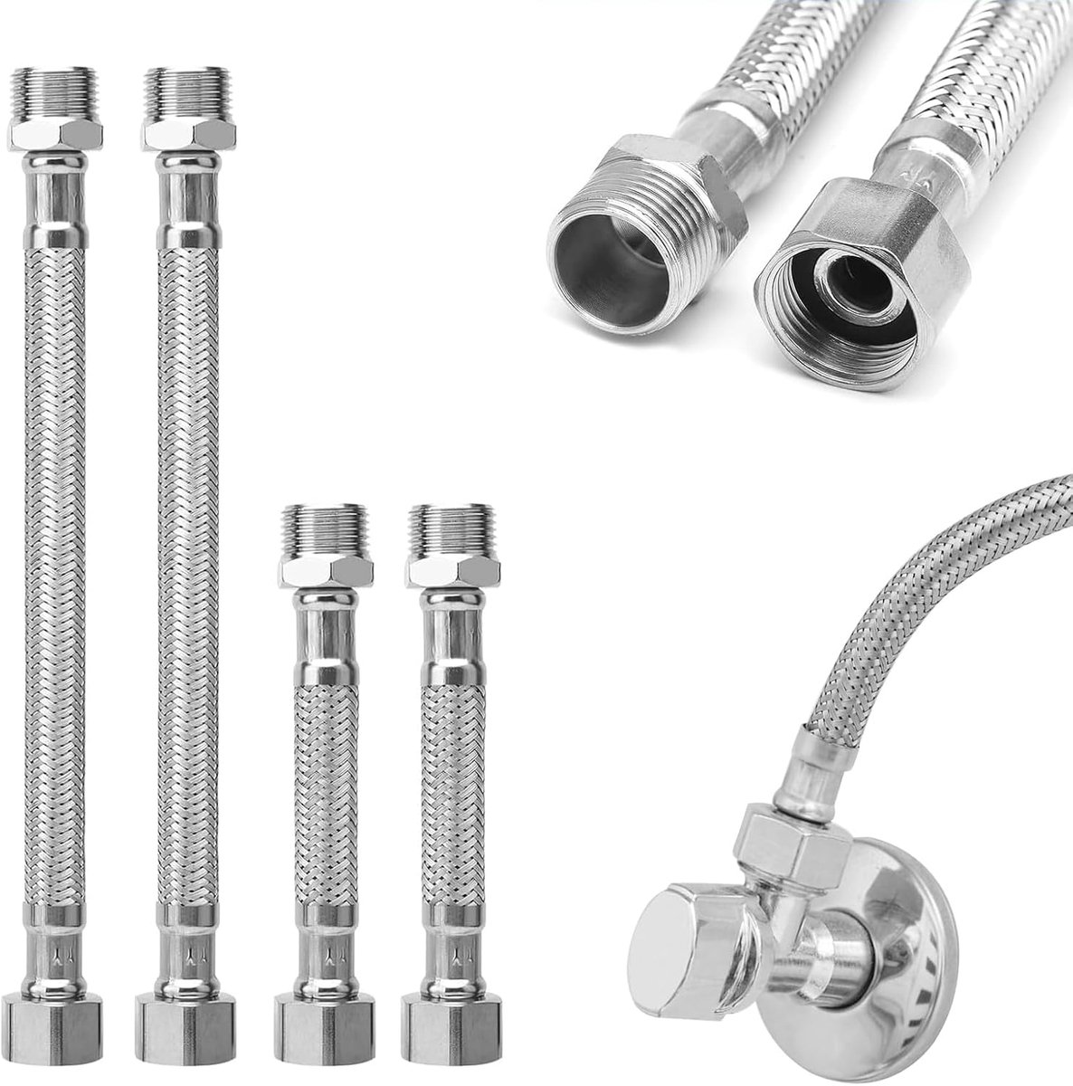 SnelShoppen - Flexibele 3/8 Inch Slang, 4 Stuks 304 Roestvrijstalen Flexibele Slang voor Wateraansluiting, Keuken en Badkamer, 20 cm en 10 cm