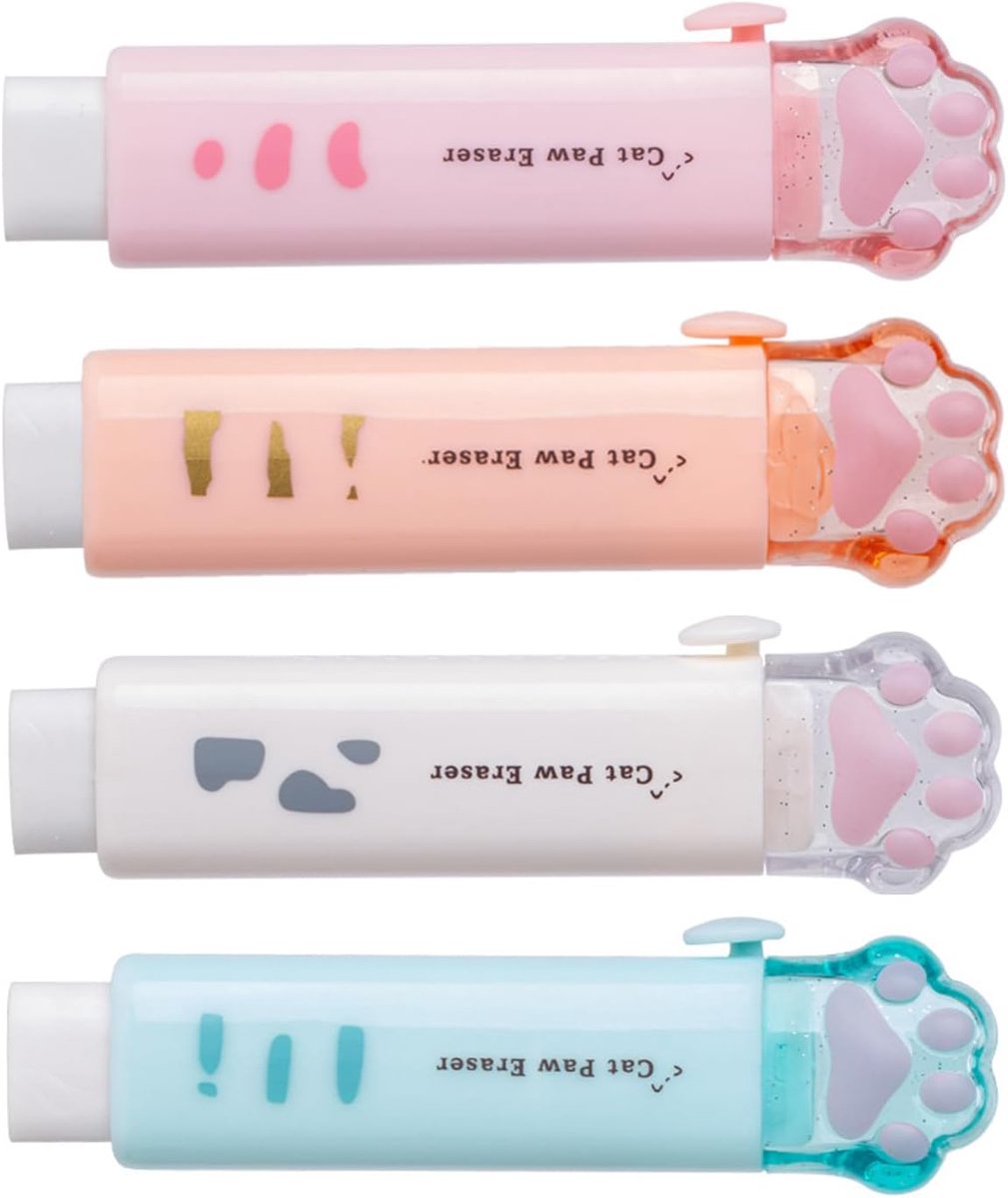 SnelShoppen - Schattige Kattenpoot Gum Set van 4 Kleuren - Ergonomische en Veilige Gummen voor Kinderen en Volwassenen - Vuilbestendige Gummen voor Sc