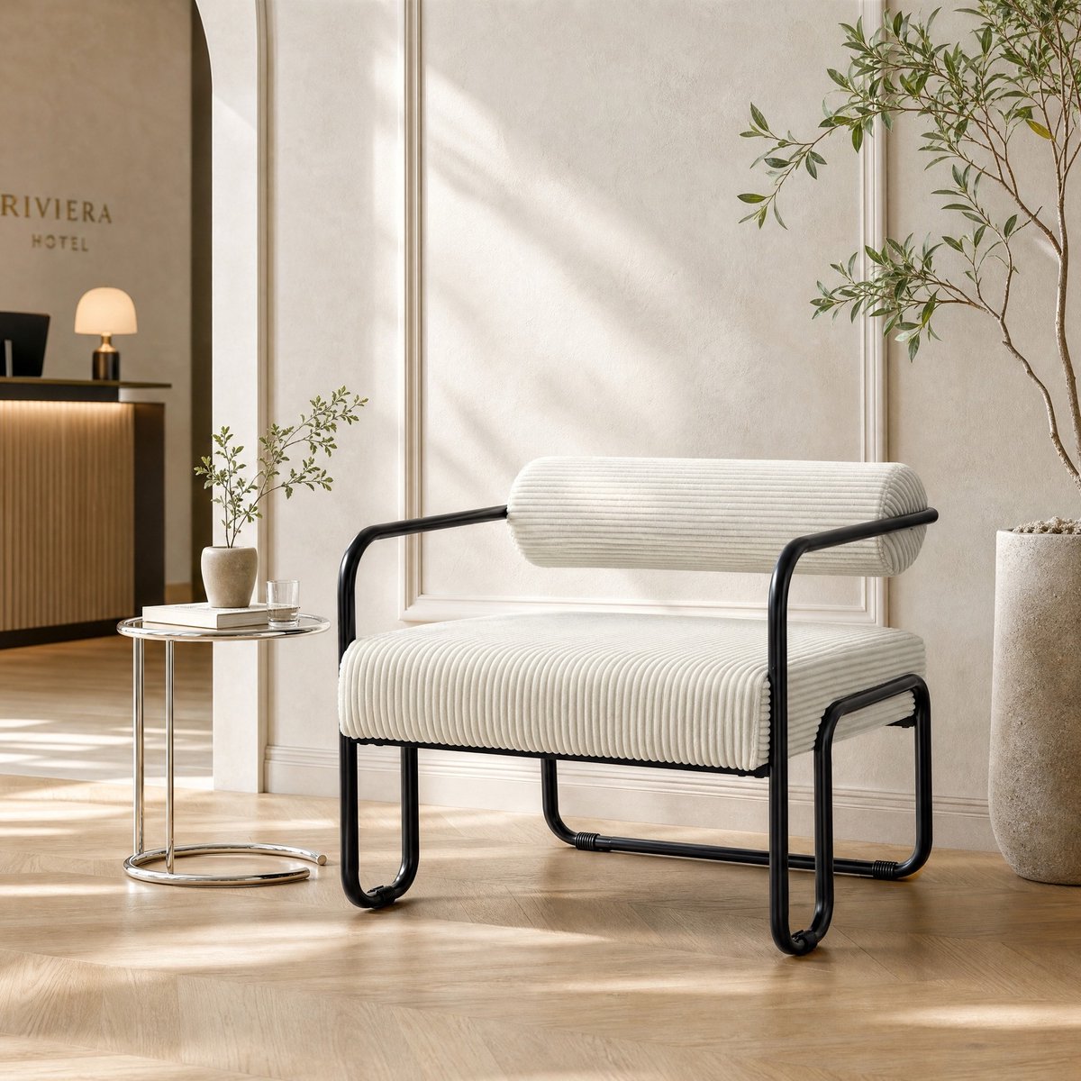 DESMIU Fauteuil 68,5 X 73 X 70,5 Cm - Comfortabele Corduroy Bekleding Met Zwarte Metalen Frame - Voor Woonkamer, Slaapkamer En Kantoor - Beige