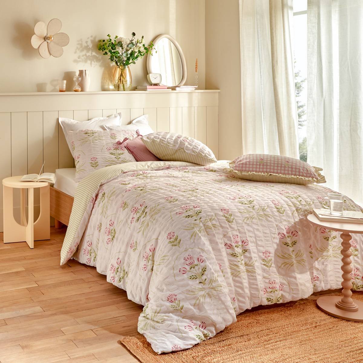 Bedtextielset met print van katoen met wafelpatroon FLEUR DE ROSE