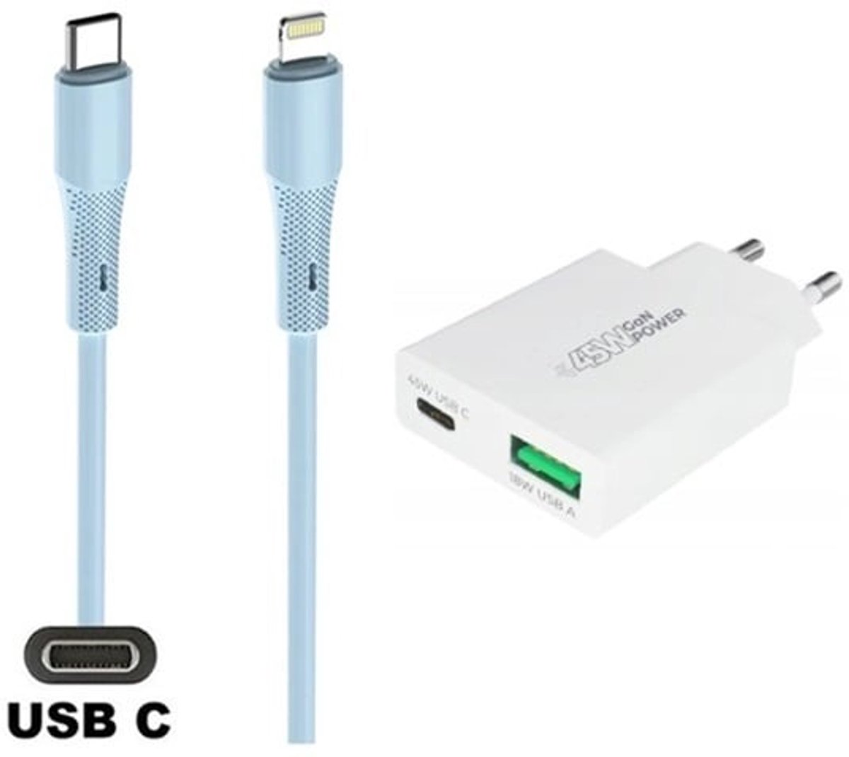 OneOne 45W super snellader met 2 poorten en screenprotector van glas voor iPhone 12 + 1,0m USB C naar Lightning kabel. Universele PD PPS lader. Compacte GaN oplader adapter. Glazen screenprotector past op Apple iPhone 12