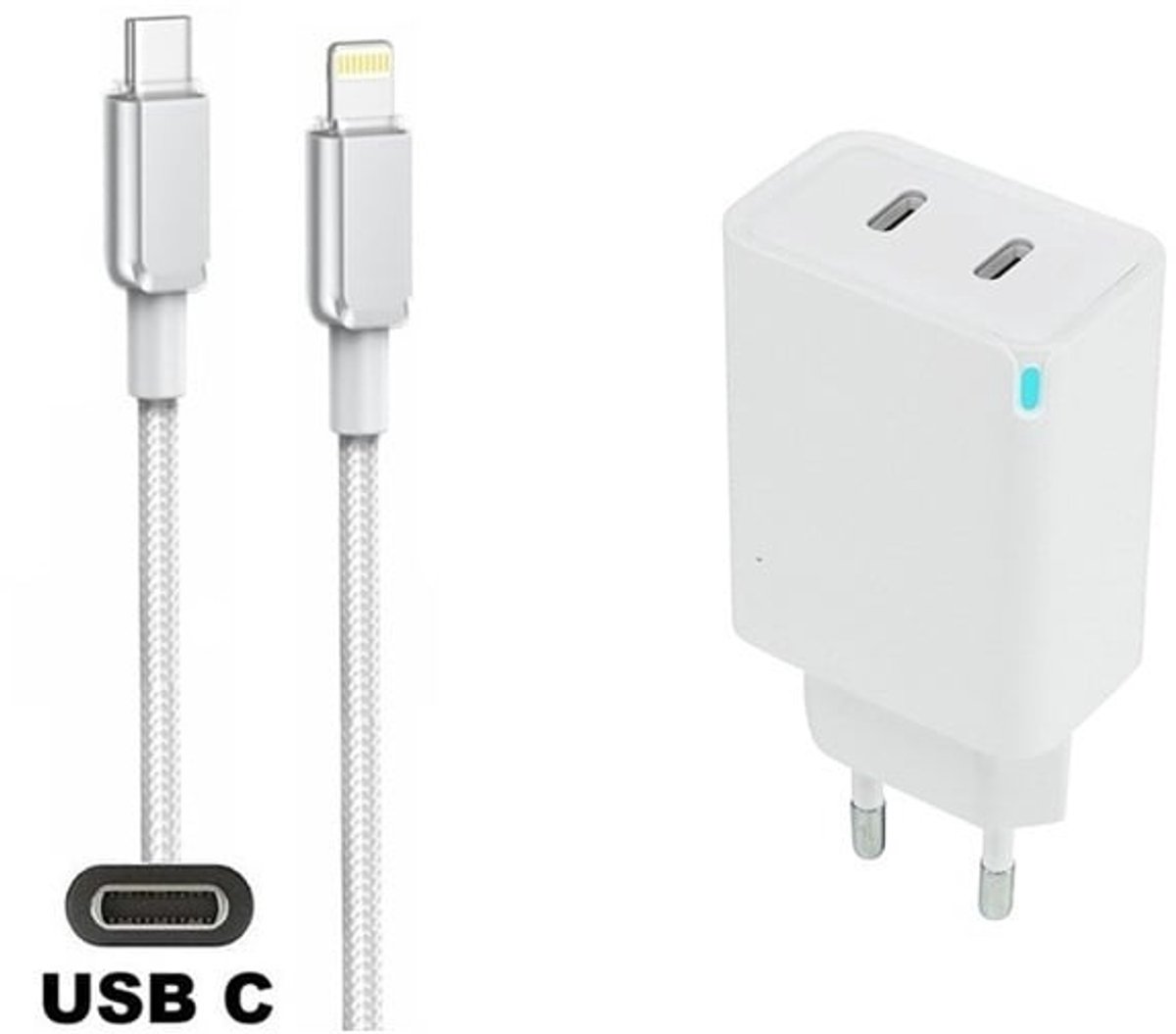 45W super snellader met 2 poorten en screenprotector USB C - USB C + 1,0m USB C naar Lightning kabel. Witte PD PPS lader. Universele oplader adapter. Glazen screenprotector past op Apple iPhone 13 Pro Max & iPhone 14 Plus