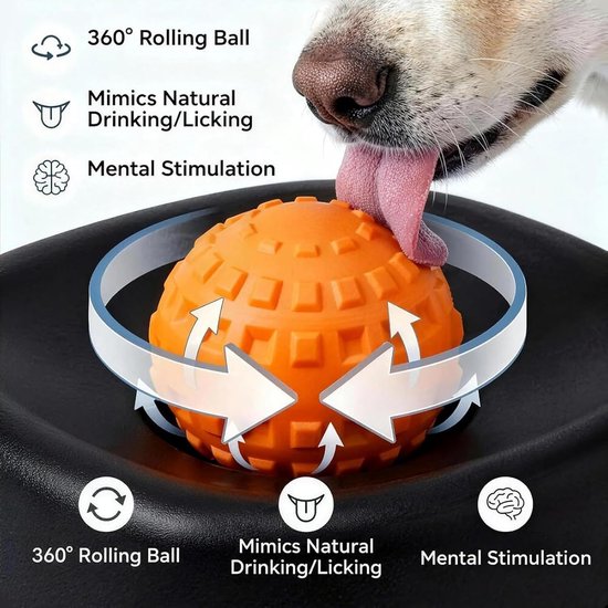 Close-up van hond die likt aan oranje bal in zwarte bak, met pijlen die 360° rollen, nabootsen drinken, en mentale stimulatie.