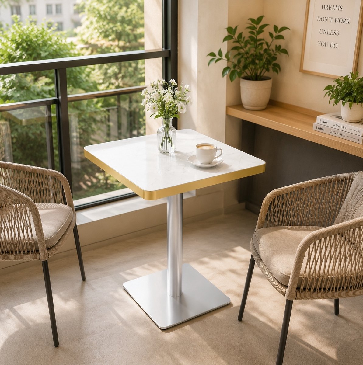 FloraGrace Eettafel Vierkant Met Marmerlook En Gouden Rand Voor Woonkamer Bistro En Eetkamer Van MDF En Metaal 60x60x74 Cm Wit