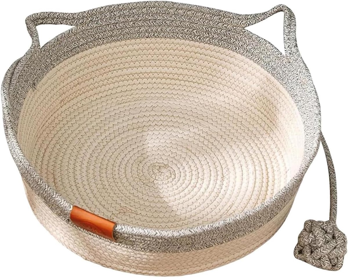 KZQ Handgeweven kattenmand van katoen met speelstaart en oren - verrijkingsbed tegen verveling, beschermt meubels, grijs, diameter 35 cm