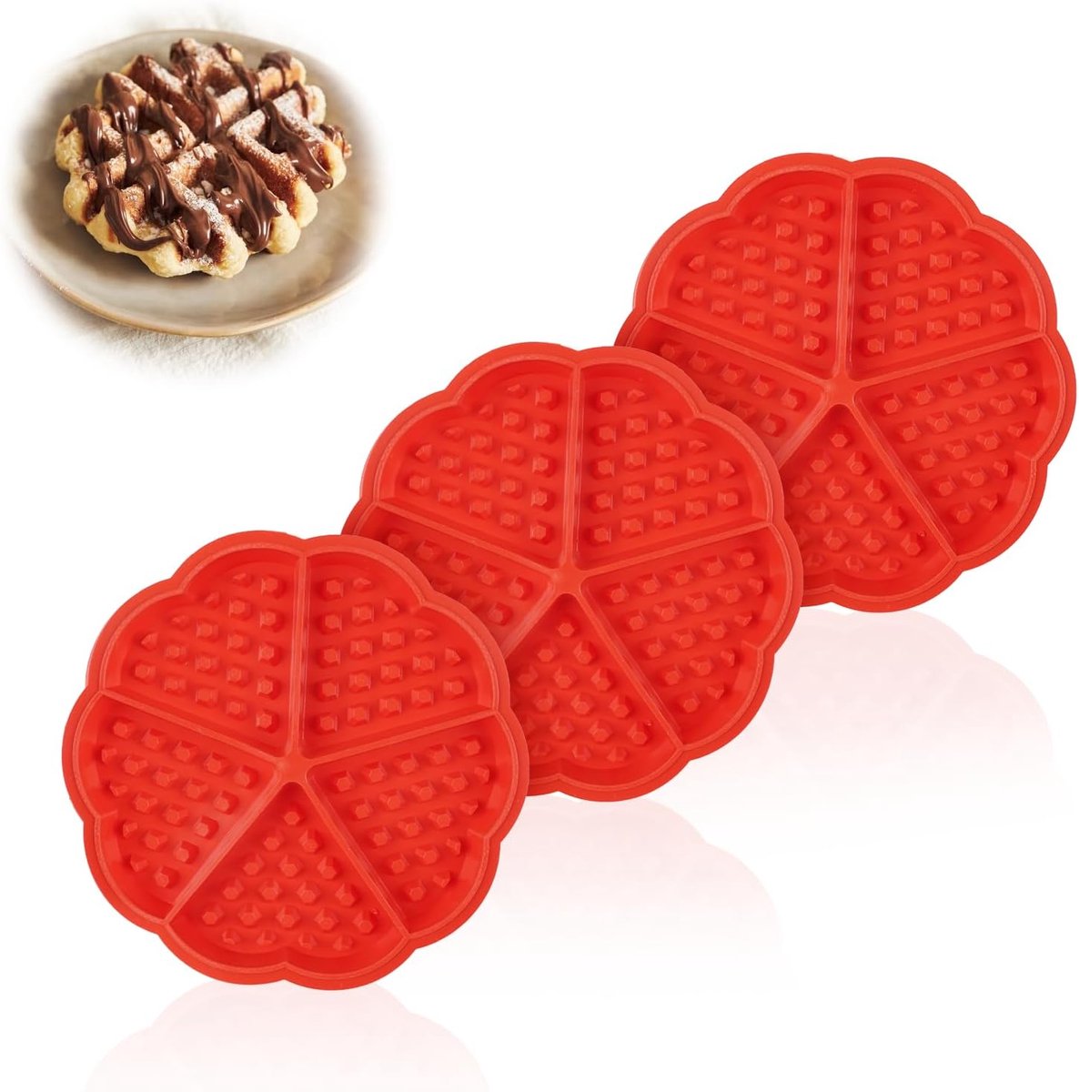 SnelShoppen - Silicone Wafelvorm, 3 Stuks, Herbruikbare Wafelvorm, Silicone Wafelplaten, Hartvormige Wafels, 5 Vakken voor Airfryer Oven, Rood