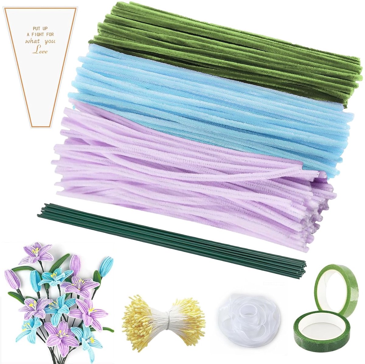 Pijpjes schoonmakers 320 stuks - Dikke chenille draad - Groen en roze met bloemen - Voor het maken van bloemen - ShopVlot