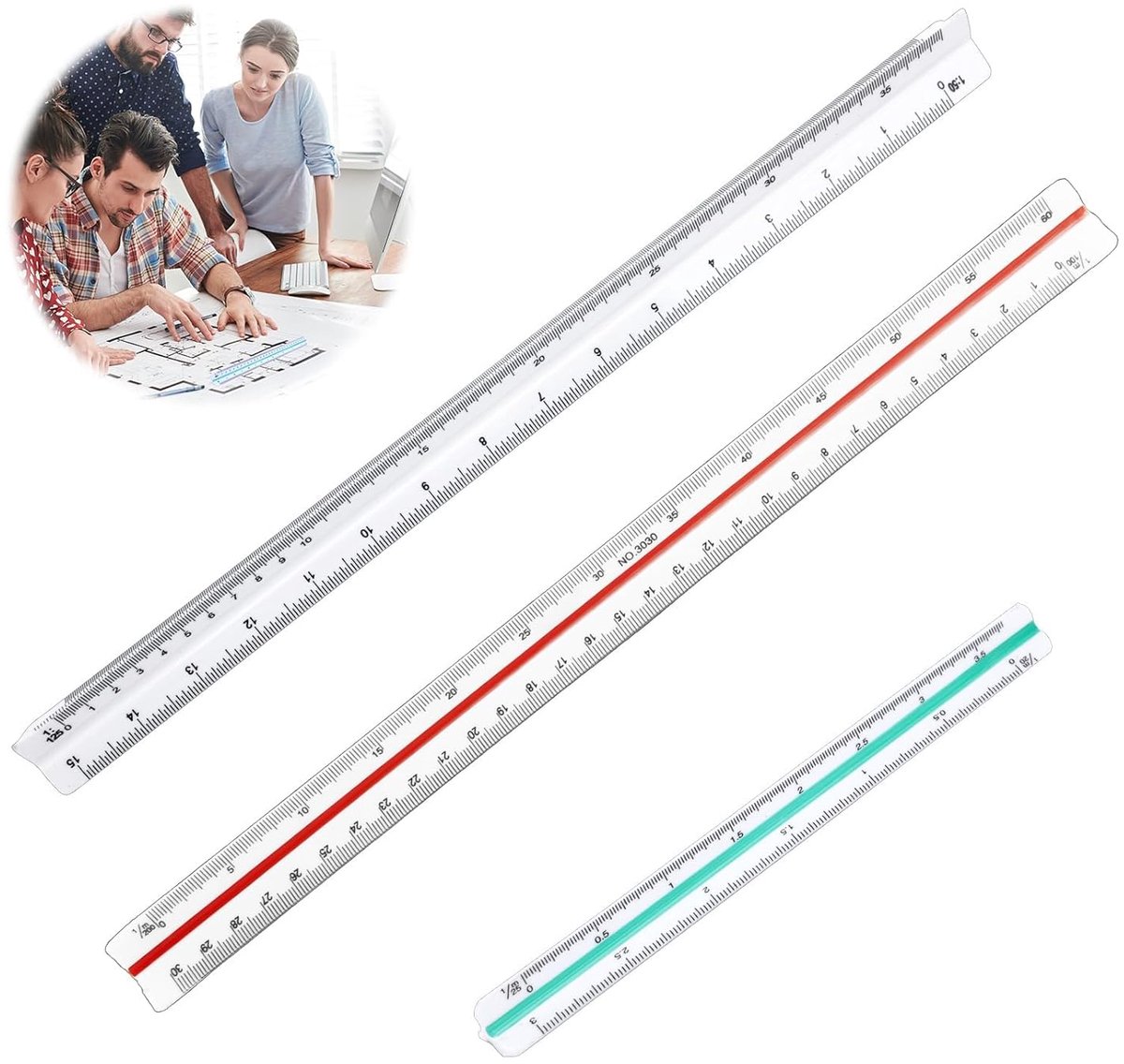 SnelShoppen - 3-delige Triangulaire Schaalmeter Ruler 30 cm - Architectuurruler met Precisie Laser Markeringen voor Technische Tekeningen - Schaal 1:2
