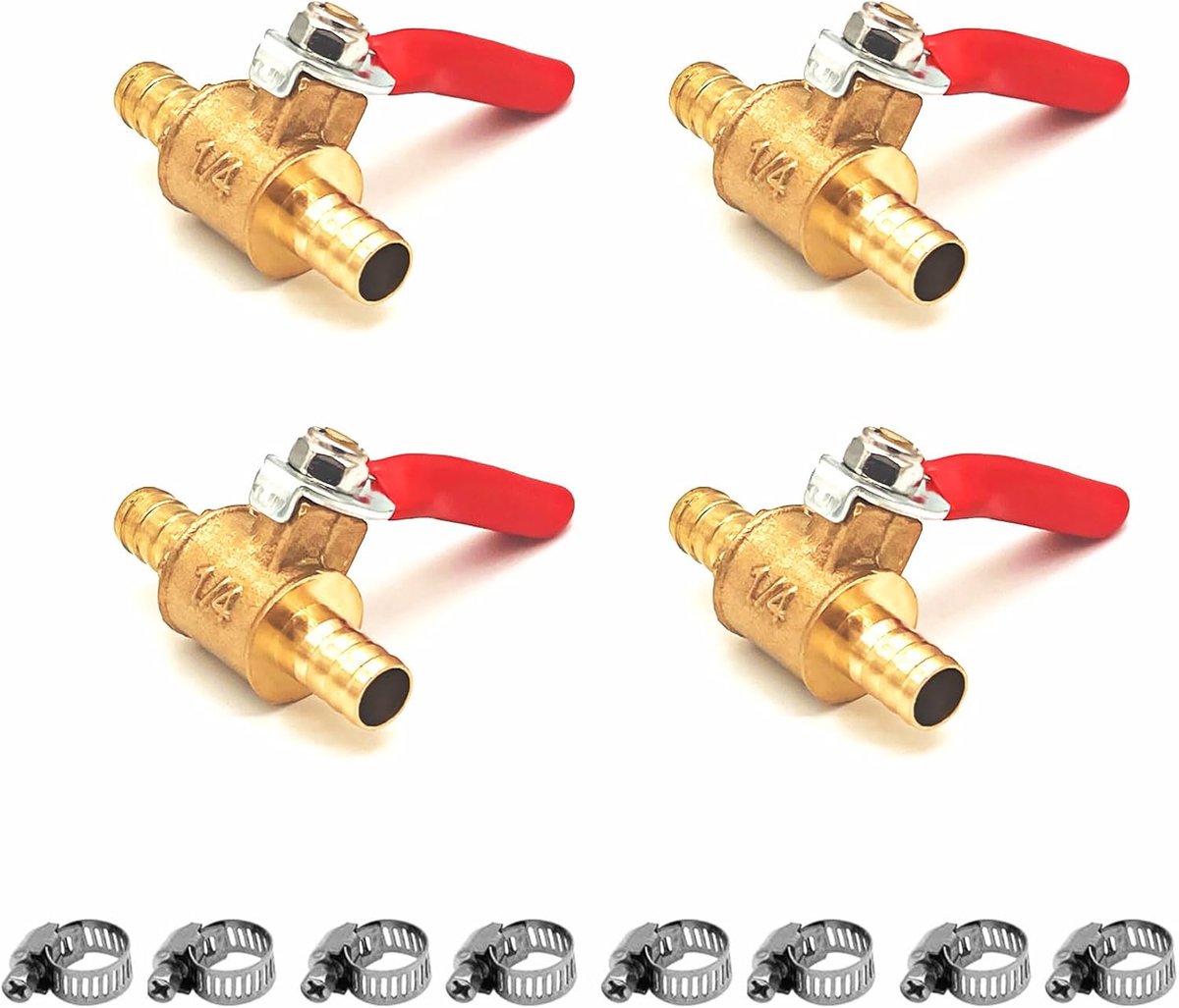 SnelShoppen - 4 Stuks 8mm 2-Weg Rechte Barb Afsluitballonklep, Messing Barb Ballonklep, Afsluitklep met 8 Klemmen voor Lucht Gas, Brandstofleiding, Af