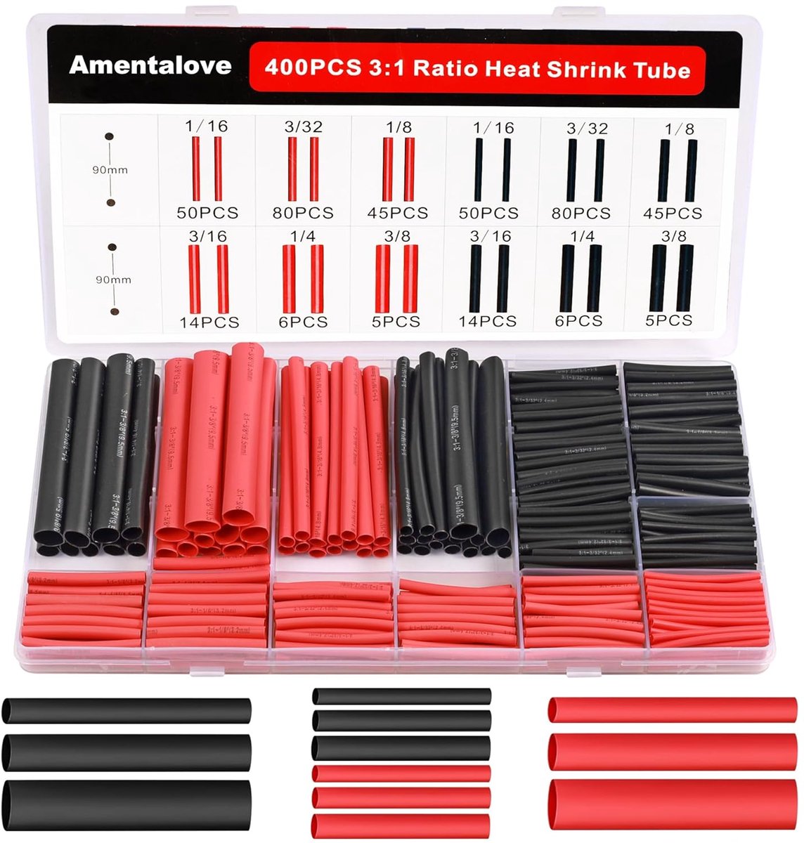 SnelShoppen - 400 Stuks Krimpkous Set, 3:1 Dubbelwandige Waterdichte Krimpkous, 6 Maten Krimpkous met Lijm voor Thuis, Auto, Industrie (Zwart & Rood)