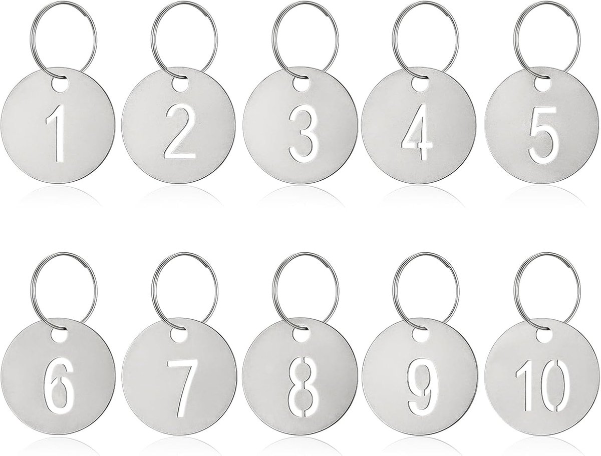 SnelShoppen - 10 Genummerde Sleutelhangers met Ring 1.3" RVS Nummer ID Labels voor Sleutels, Bagage, Lockers, Restaurant en Hotel Benodigdheden
